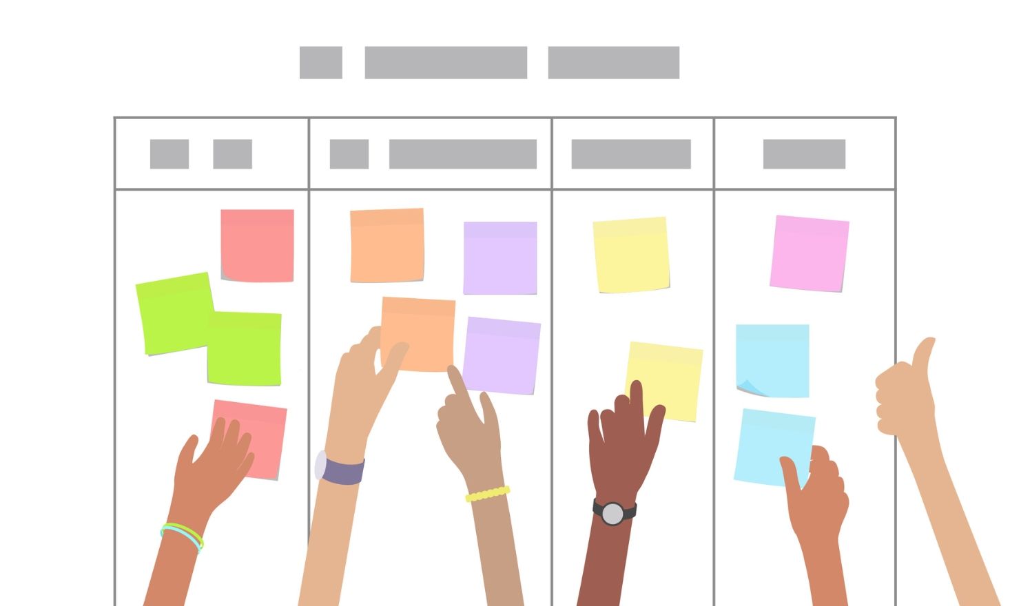 White background with hands arranging post-it notes.