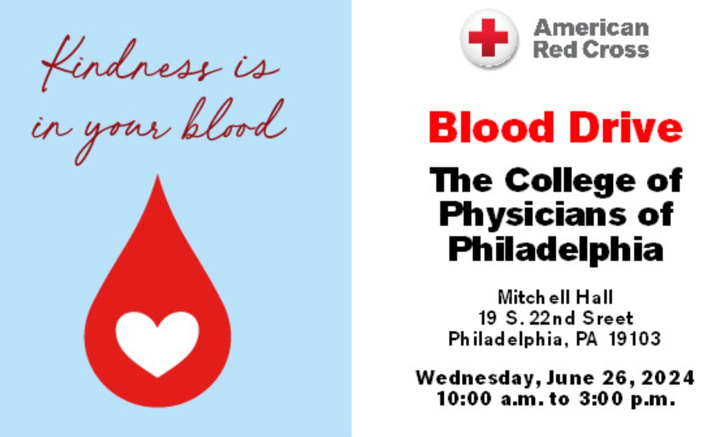 Blue background with red blood drop.