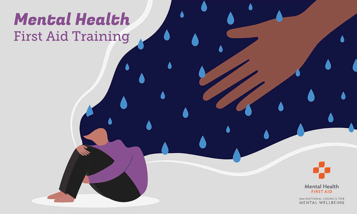 Graphic of person sitting with knees to chest and a hand reaching out to them with the text "mental health first aid training" and a logo in the bottom