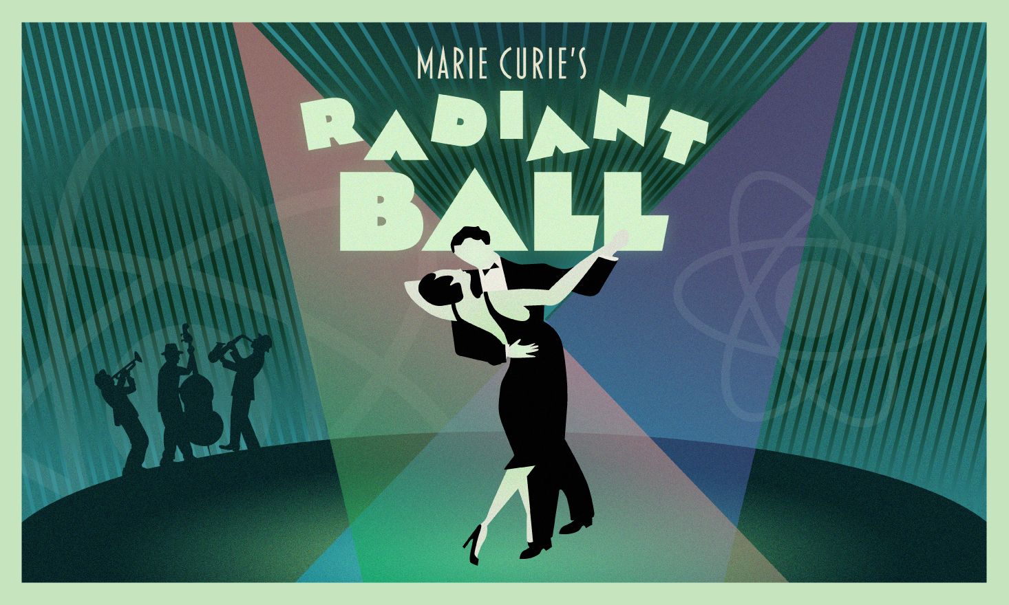 Green and blue illustration of a couple dancing to a jazz band