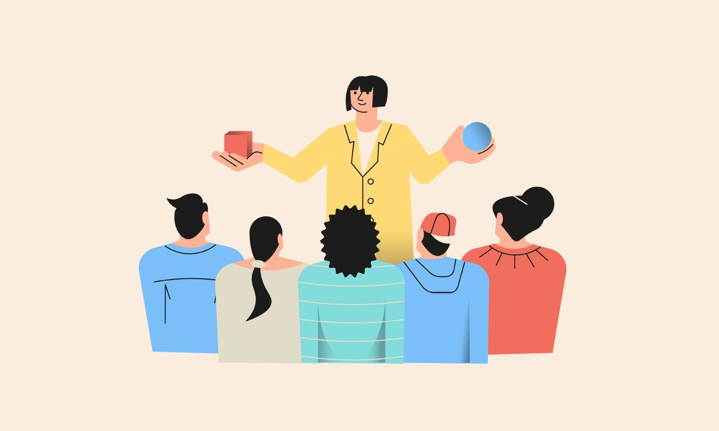 Colorful image of a person talking to a group of people