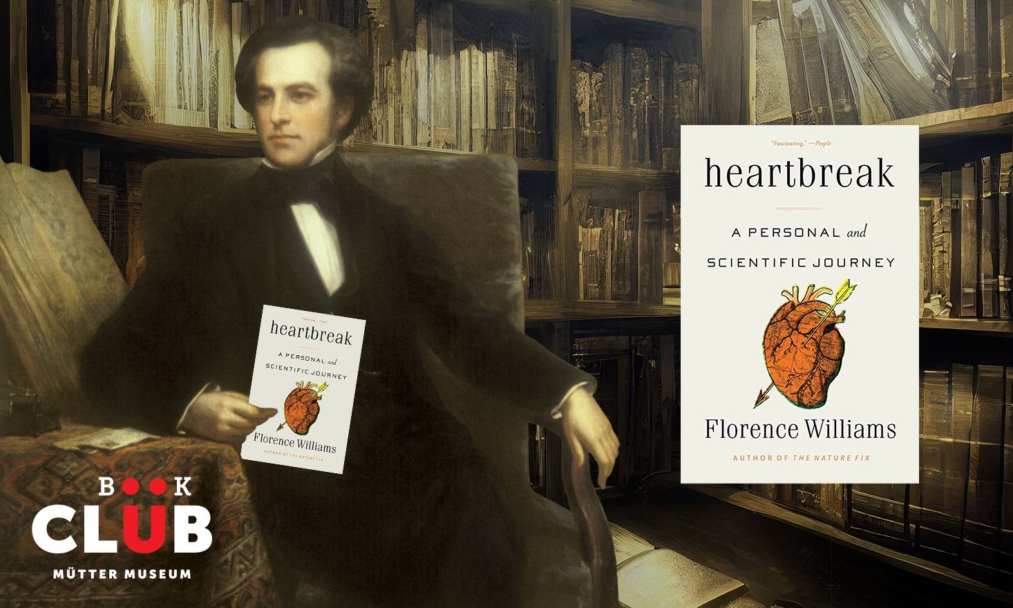 Image of 19th century man sitting in a library holding copy of "Heartbreak: A Personal and Scientific Journey"