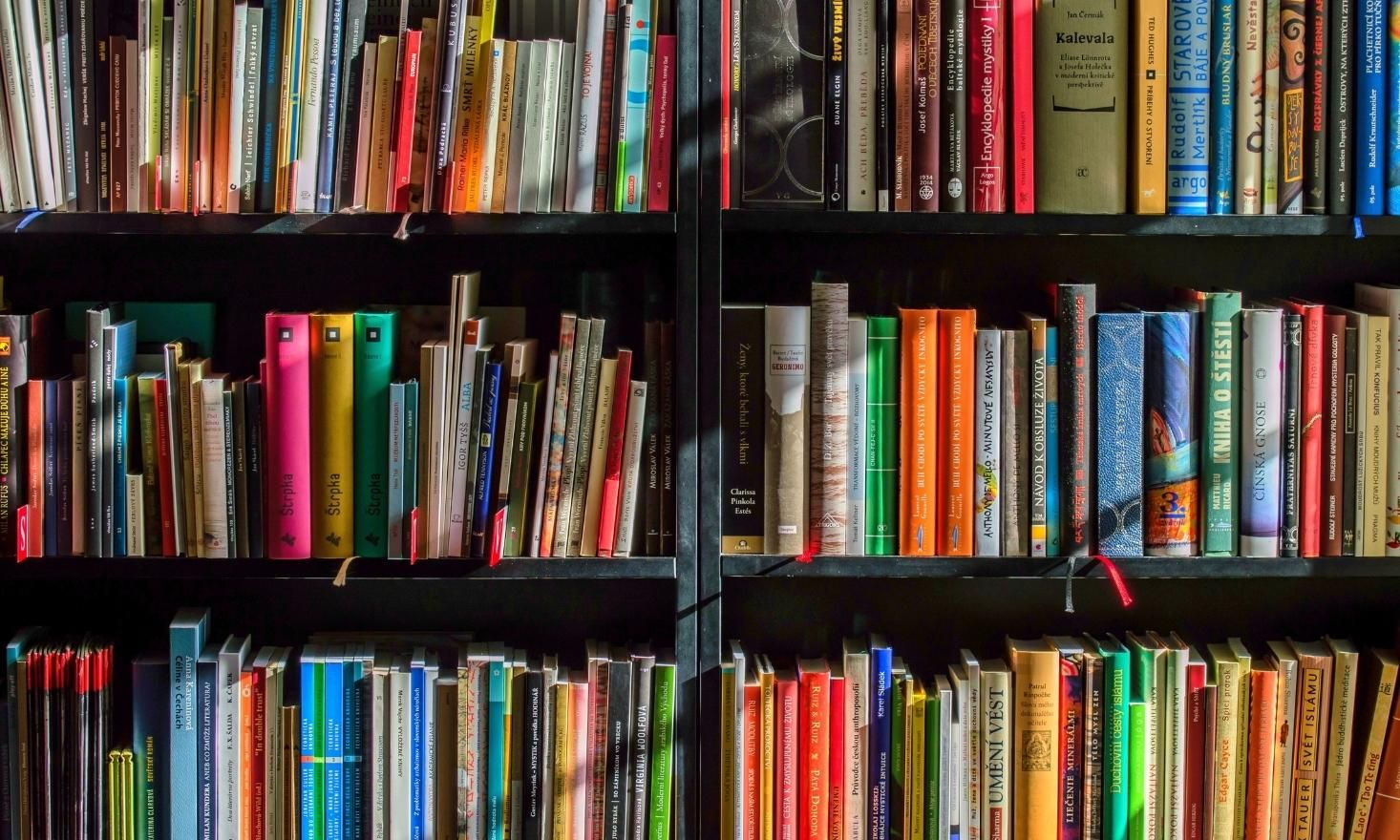 Close up of bookshelf full of books of all different colors