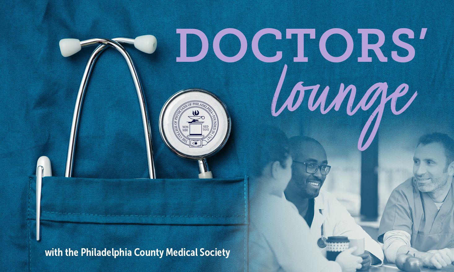 Blue scrubs with stethoscope and words "Doctors Lounge"