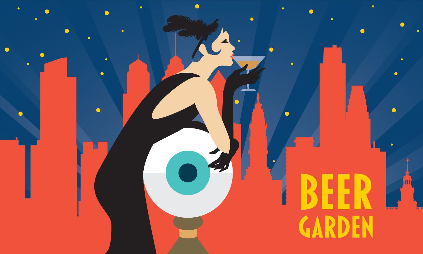 cartoon woman in flapper dress sipping cocktail with Philadelphia skyline outline background